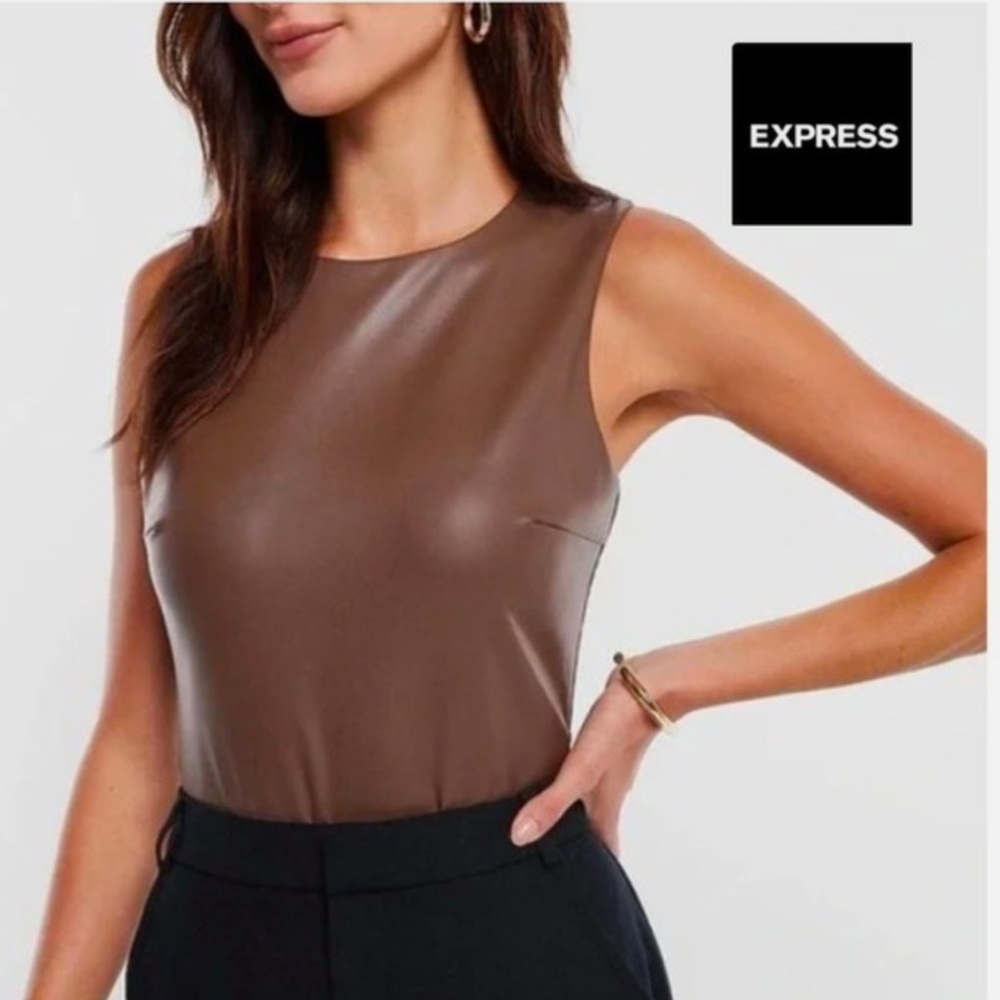 NWT Express - Mocha Body Contour Faux Leather High Neck Bodysuit - Large